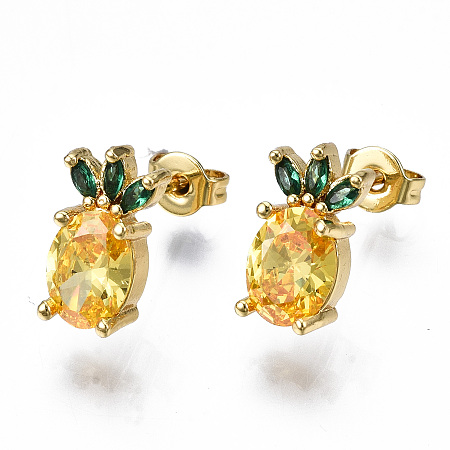 Honeyhandy Brass Micro Pave Cubic Zirconia Stud Earrings, with Earring Backs, Nickel Free, Pineapple, Real 16K Gold Plated, Yellow, 12.5x7mm, Pin: 0.8mm