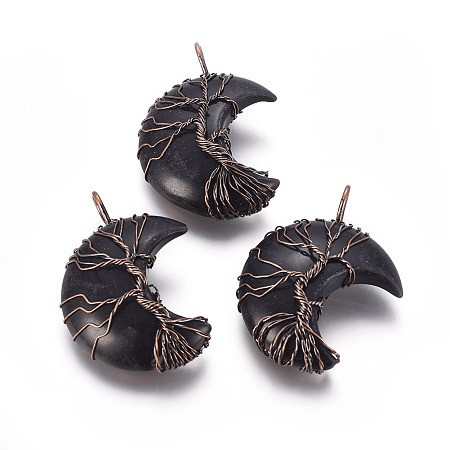 Honeyhandy Natural Obsidian Tree of Life Wire Wrapped Pendants, with Brass Findings, Crescent Moon, Red Copper, 44~46x26~32x12.5mm, Hole: 6.5x4.5mm