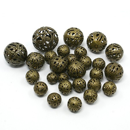 Honeyhandy Mixed Iron Filigree Hollow Round Beads, Filigree Ball, Nickel Free, Antique Bronze, 6~16mm, Hole: 1mm, about 170pcs/100g
