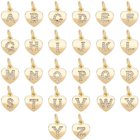 BENECREAT 26PCS 18K Gold Plated Cubic Zirconia Heart Charm Pendants with A to Z Alphabet Letters for Bracelets Necklace Making Findings