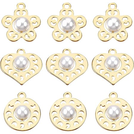 BENECREAT 18Pcs 18K Gold Plated Flower Charms with Imitation Pearl Heart Sun Shape Brass Charms for Craft and Jewelry Making Supplies