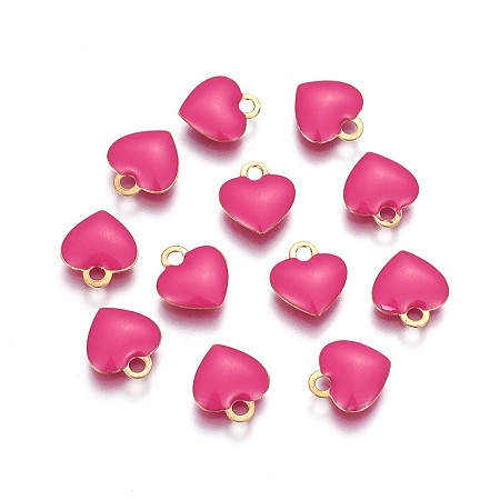 Brass Charms, with Enamel, Enamelled Sequins, Long-Lasting Plated, Nickel Free, Real 18K Gold Plated, Heart, Deep Pink, 10x9x2mm, Hole: 1.6mm