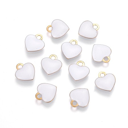 Honeyhandy Brass Charms, with Enamel, Enamelled Sequins, Long-Lasting Plated, Nickel Free, Real 18K Gold Plated, Heart, White, 10x9x2mm, Hole: 1.6mm