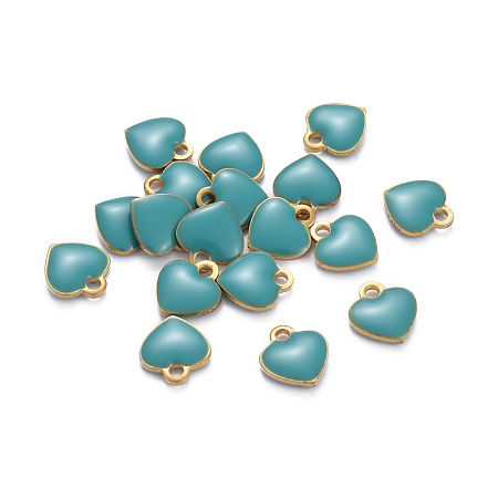 Brass Charms, with Enamel, Enamelled Sequins, Long-Lasting Plated, Nickel Free, Real 18K Gold Plated, Heart, Light Sea Green, 10x9x2mm, Hole: 1.6mm
