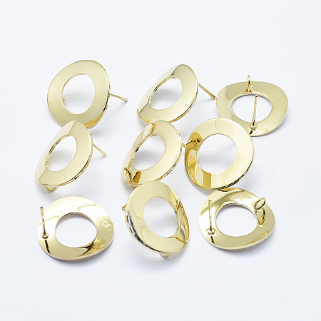 Brass Stud Earring Findings, with Loop, Long-Lasting Plated, Real 18K Gold Plated, Nickel Free, Ring, 18mm, Hole: 2.5mm, Pin: 0.5mm
