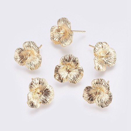 NBEADS Brass Stud Earrings Findings, with Loop, For Half Drilled Beads, Long-Lasting Plated, Flower, Nickel Free, Real 18K Gold Plated, 16x3mm, Hole: 0.8mm; Pin: 0.8mm