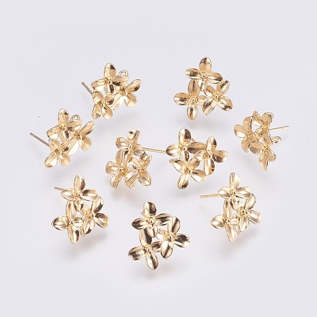 Arricraft Brass Stud Earring Findings, with Loop, Long-Lasting Plated, Flower, Nickel Free, Real 18K Gold Plated, 16x15x2mm, Hole: 1.2mm; Pin: 0.8mm