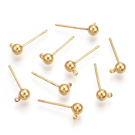 Honeyhandy Brass Stud Earring Findings, with Loop, Nickel Free, Real 18K Gold Plated, 15mm, Hole: 1.2mm, Ball: 4mm in diameter, Pin: 0.7mm
