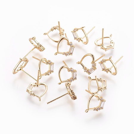 ARRICRAFT Brass Stud Earring Findings, with Loop, Cubic Zirconia, Heart, Nickel Free, Real 18K Gold Plated, 11x11mm, Hole: 0.8mm, Pin: 0.7mm