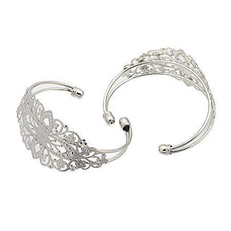 ARRICRAFT 1pc Brass Cuff Bangle Makings for Bracelet Necklace Jewelry Making, Bangle Blanks, with Filigree Flower, Nickel Free, Silver, 63mm