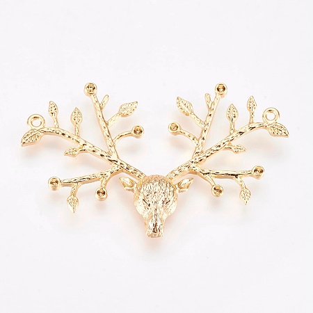 Arricraft Brass Pendants, Nickel Free, Christmas Reindeer/Stag with Branch and Leaves, Real 18K Gold Plated, 25x35.5x4mm, Hole: 1mm