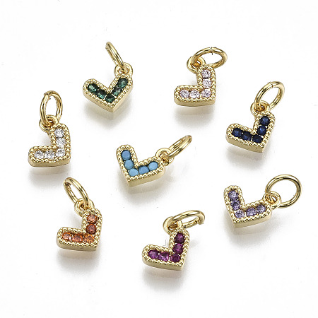 Honeyhandy Brass Micro Pave Cubic Zirconia Charms, with Jump Ring, Heart, Real 16K Gold Plated, Nickel Free, Mixed Color, 8x8x2mm, Jump Ring: 5x1mm, 3mm inner diameter