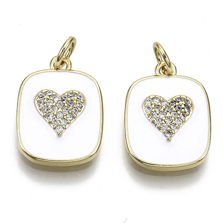 Honeyhandy Brass Micro Pave Clear Cubic Zirconia Pendants, with Enamel and Jump Ring, Rectangle with Heart, Real 16K Gold Plated, Nickel Free, White, 17.5x13x3mm, Jump Ring: 5x1mm, 3mm inner diameter