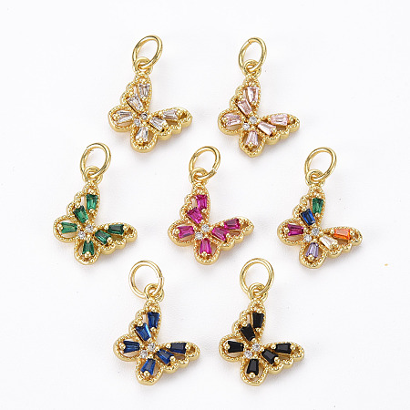 Honeyhandy Brass Cubic Zirconia Charms, with Glass and Jump Ring, Real 16K Gold Plated, Butterfly, Nickel Free, Mixed Color, 10x11x3mm, Hole: 3mm, Jump Ring: 5x1mm, 3mm inner diameter