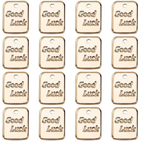 NBEADS 30 PCS Rectangle Charms, Real 18K Gold Plated Brass Pendants with Word Good Luck for Bracelet Earring Pendant Jewelry Making, 9x7mm