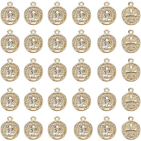 NBEADS 30 Pcs Flat Round Pendants, Brass Pendants Beads with Saint Benedict Medal Real 18K Gold Plated Beads for Necklace Earring Bracelet Jewelry Making, Hole: 1mm