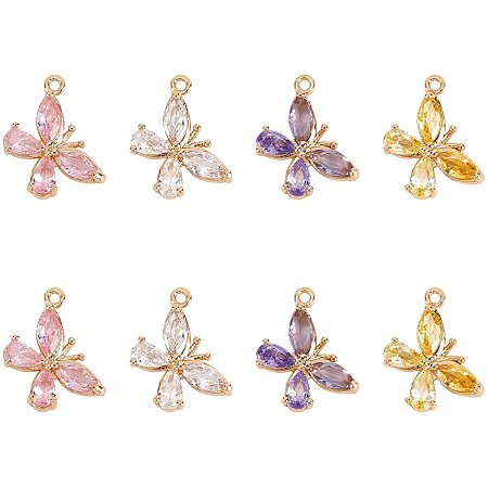 NBEADS 8 Pcs 4 Colors Butterfly Charm Cubic Zirconia Pendants, Real 18K Gold Plated Butterfly Pendants Clear Golden Brass Micro Pave Cubic Zirconia Pendants for Jewerly Making