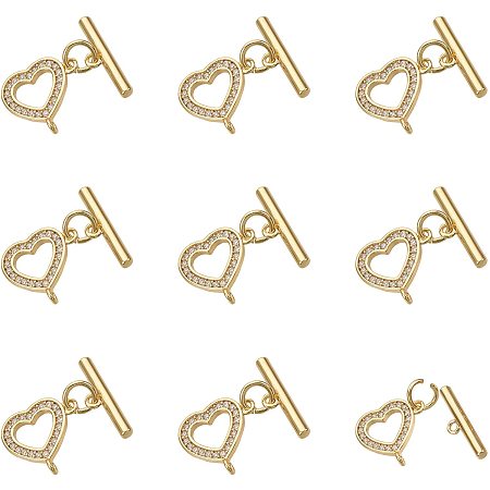 NBEADS 10 Sets Heart OT Clasps Brass Cubic Zirconia Heart Toggle Clasps Findings Heart T-bar Closures Connectors with Jump Rings for DIY Jewelry Making