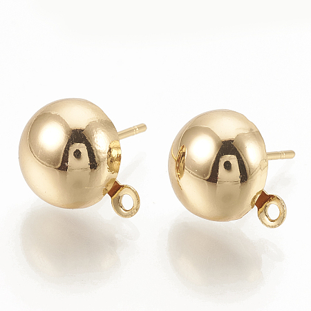 Honeyhandy Iron Stud Earring Findings, with Loop, Nickel Free, Half Round, Real 18K Gold Plated, 10.5x8mm, Hole: 1mm, pin: 0.5mm