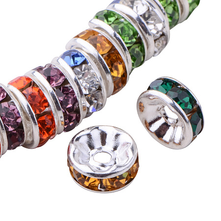 PandaHall Elite Brass Nickel Free Grade A Rhinestone Rondelle Spacer Beads Mixed Colors 8x3.8mm for Craft Making, about 50pcs/bag
