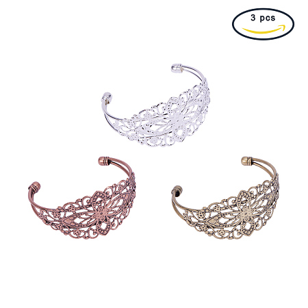 PandaHall Elite 3 Pcs Brass Flower Filigree Cuff Bangle Bracelet 66x35mm for Jewelry Making 3 Colors