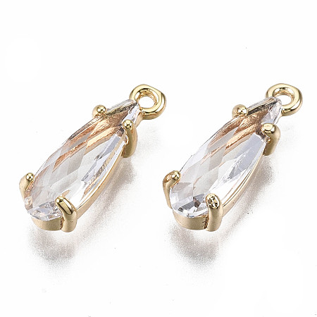 Honeyhandy Brass Charms, with Glass, Teardrop, Faceted, Real 18K Gold Plated, Nickel Free, Clear, 14x5x4mm, Hole: 1mm