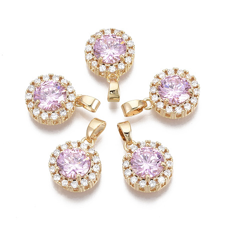 Honeyhandy Brass Micro Pave Cubic Zirconia Charms, with Glass and Brass Snap on Bails, Nickel Free, Real 18k Gold Plated, Flat Round, Pearl Pink, 14x11.5x5mm, Hole: 2x4mm