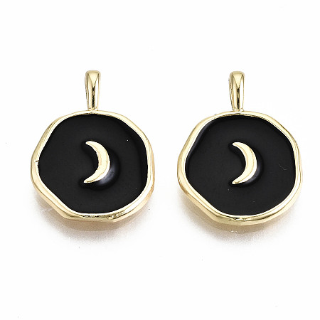 Honeyhandy Brass Enamel Pendants, Real 18K Gold Plated, Nickel Free, Flat Round with Moon, Black, 17.5x13x3mm, Hole: 3x2mm