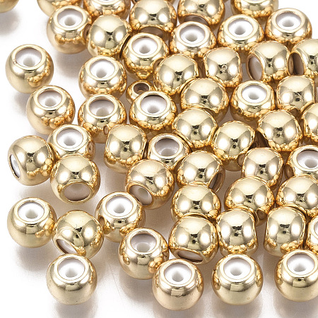 Honeyhandy Brass Beads, with Rubber Inside, Slider Beads, Stopper Beads, Nickel Free, Round, Real 18K Gold Plated, 6x4.5mm, Hole: 2.5mm, Rubber Hole: 1.2mm