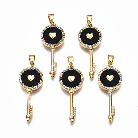 Honeyhandy Brass Micro Pave Clear Cubic Zirconia Pendants, with Enamel, Nickel Free, Key with Heart, Real 18K Gold Plated, Black, 29x11.5x3mm, Hole: 2.5x4.5mm