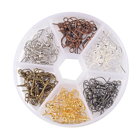 Honeyhandy 1 Box 6 Color Brass Earring Hooks, with Horizontal Loop, Silver & Platinum & Gunmetal & Red Copper & Antique Bronze & Golden, Nickel Free, Mixed Color, 19mm, Hole: 1.5mm, Pin: 0.7mm, about 20pcs/color, 120pcs/box