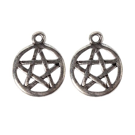 NBEADS 500 Pcs Tibetan Style Pendants, Flat Round with Pentagram, Lead Free, Nickel Free and Cadmium Free, Antique Silver, 16.5mm in diameter, 1.8mm thick, hole: 2mm