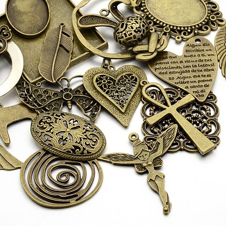 Honeyhandy Mixed Antique Bronze Plated Tibetan Style Alloy Pendants, Nickel Free, Antique Bronze, 36~55x9~54.5x2~5mm, Hole: 2~5mm