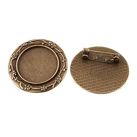 ARRICRAFT 100pcs Antique Bronze Flat Round Tray Vintage Alloy Carved Flower Brooch Cabochon Bezel Settings with Iron Pin Back Bar Findings