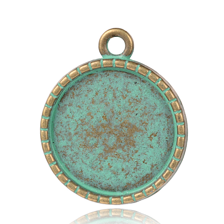 Flat Round with Crown Alloy Pendant Cabochon Settings, Nickel Free, Antique Bronze & Green Patina, 26x21.5x3mm, Hole: 2mm; Tray: 18mm