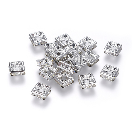 Honeyhandy Brass Rhinestone Spacer Beads, Grade A, Nickel Free, Platinum Metal Color, Square, Crystal, 6x6x3mm, Hole: 1mm