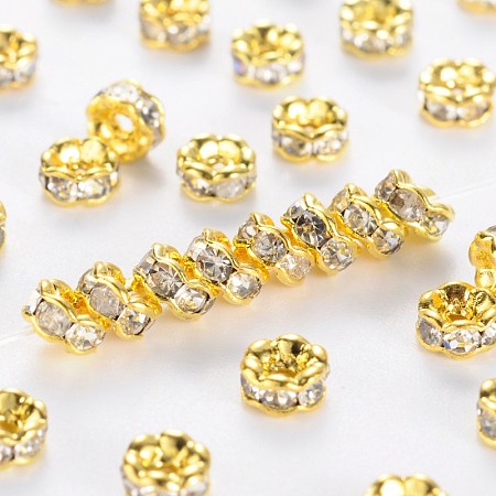 Honeyhandy Brass Rhinestone Spacer Beads, Grade AAA, Wavy Edge, Nickel Free, Golden Metal Color, Rondelle, Crystal, 4x2mm, Hole: 1mm