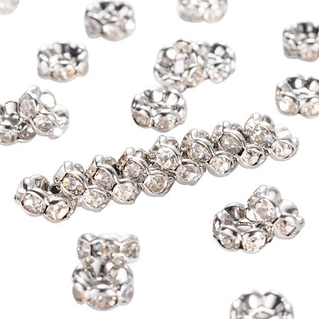 Pandahall Elite 200pcs 6mm Crystal Czech Rhinestone Wavy Spacer Beads Platinum Plated Brass Rondelle Spacer Beads for Jewelry Making