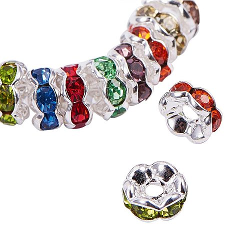 Pandahall Elite 200pcs 6mm Mixed Color Czech Rhinestone Wavy Spacer Beads Silver Plated Brass Rondelle Spacer Beads for Jewelry Making