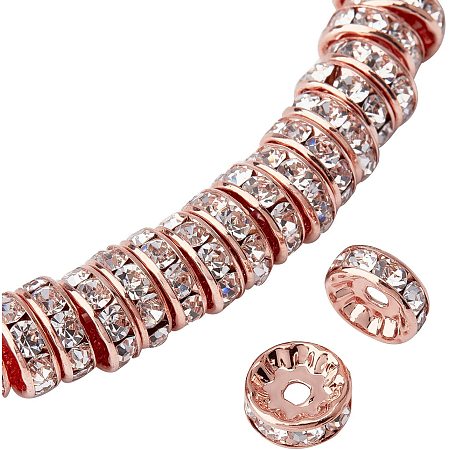 Pandahall Elite 200pcs 10mm Crystal Czech Rhinestone Spacer Beads Rose Gold Plated Brass Rondelle Spacer Beads for Jewelry Making, Nickel Free