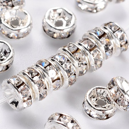 Honeyhandy Brass Rhinestone Spacer Beads, Grade AAA, Straight Flange, Nickel Free, Silver Color Plated, Rondelle, Crystal, 4x2mm, Hole: 0.8mm