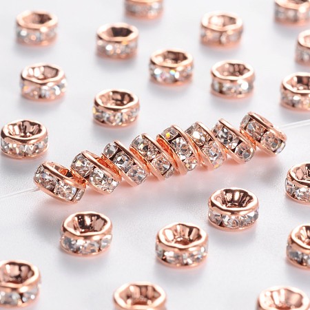 Honeyhandy Brass Rhinestone Spacer Beads, Grade AAA, Straight Flange, Nickel Free, Rose Gold Metal Color, Rondelle, Crystal, 5x2.5mm