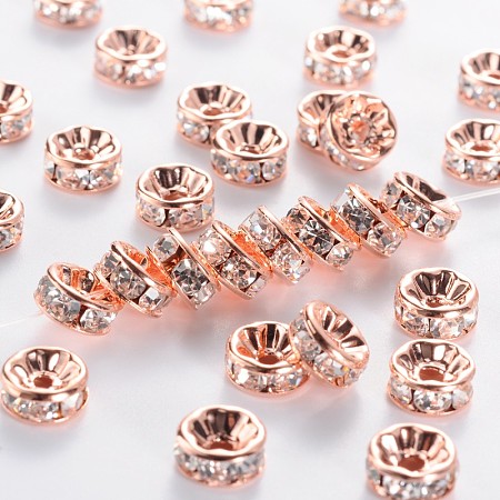 Honeyhandy Brass Rhinestone Spacer Beads, Grade AAA, Straight Flange, Nickel Free, Rose Gold Metal Color, Rondelle, Crystal, 8x3.8mm, Hole: 1.5mm
