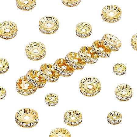 NBEADS 150 Pcs 3 Styles Grade A Rhinestone Pave Brass Beads, 6/8/10mm Gold Rondelle Spacers Crystal European Charms for Bracelet Collier Jewelry Making