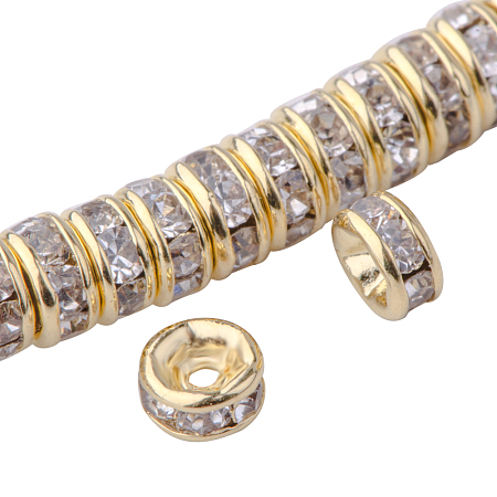 PandaHall Elite Rondelle 4x2mm Golden Grade AAA Brass Rhinestone Straight Flange Spacer Beads for Craft Nickel Free
