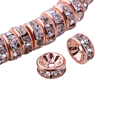 PandaHall Elite Rondelle Rose Gold 8x3.8mm Grade AAA Brass Rhinestone Straight Flange Spacer Beads for Craft Nickel Free