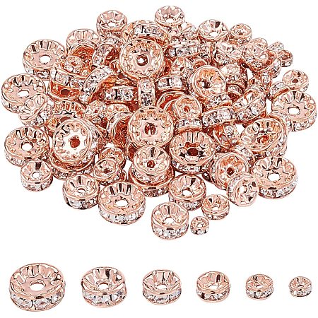 PandaHall Elite 120 Pcs Brass Crystal Rondelle Rhinestone Spacer Beads Diameter 4/5/6/7/8/10mm for Jewelry Making, Rose Gold