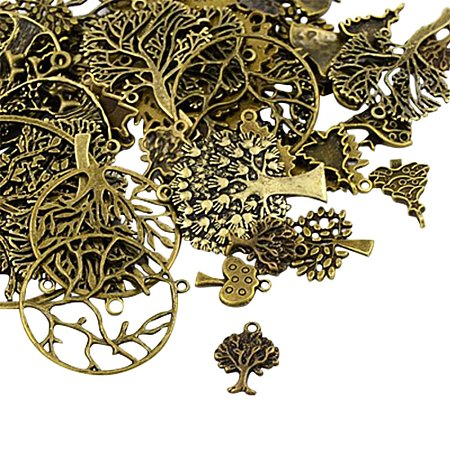 NBEADS 500g Tibetan Style Pendants, Nickel Free, Tree, Antique Bronze, 12~79x10~61x1~5mm, Hole: 1.5~5mm