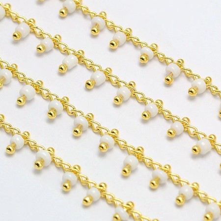 ARRICRAFT Brass Glass Handmade Beaded Chains, Soldered, Nickel Free & Cadmium Free & Lead Free, Golden, White, 5.5x2mm