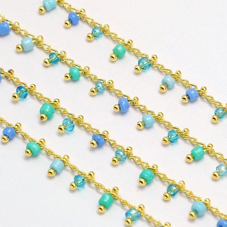 Environmental Brass Glass Handmade Beaded Chains, Soldered, Nickel Free, Golden, Royal Blue, 5.5x2mm